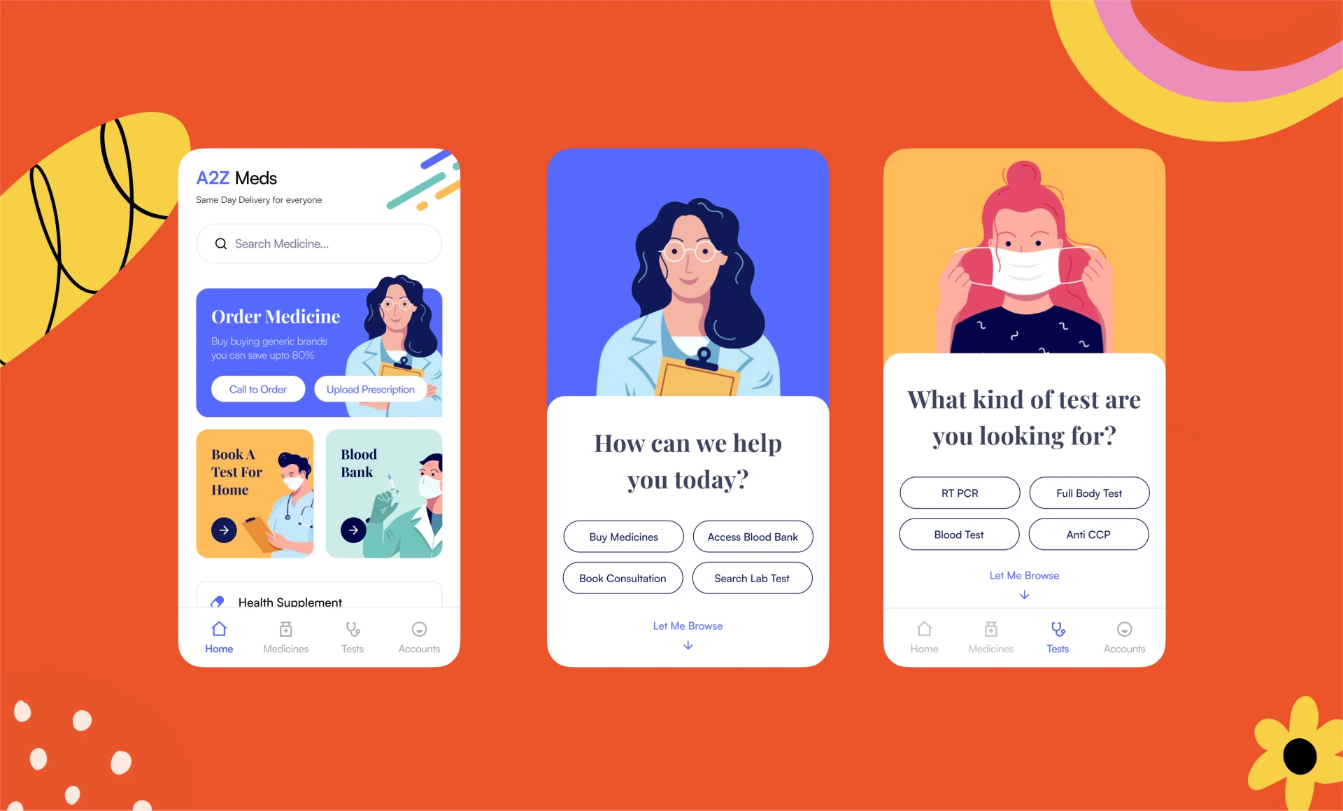 A2Z Meds mobile app screens — home, help selection, and test category picker — on a coral background