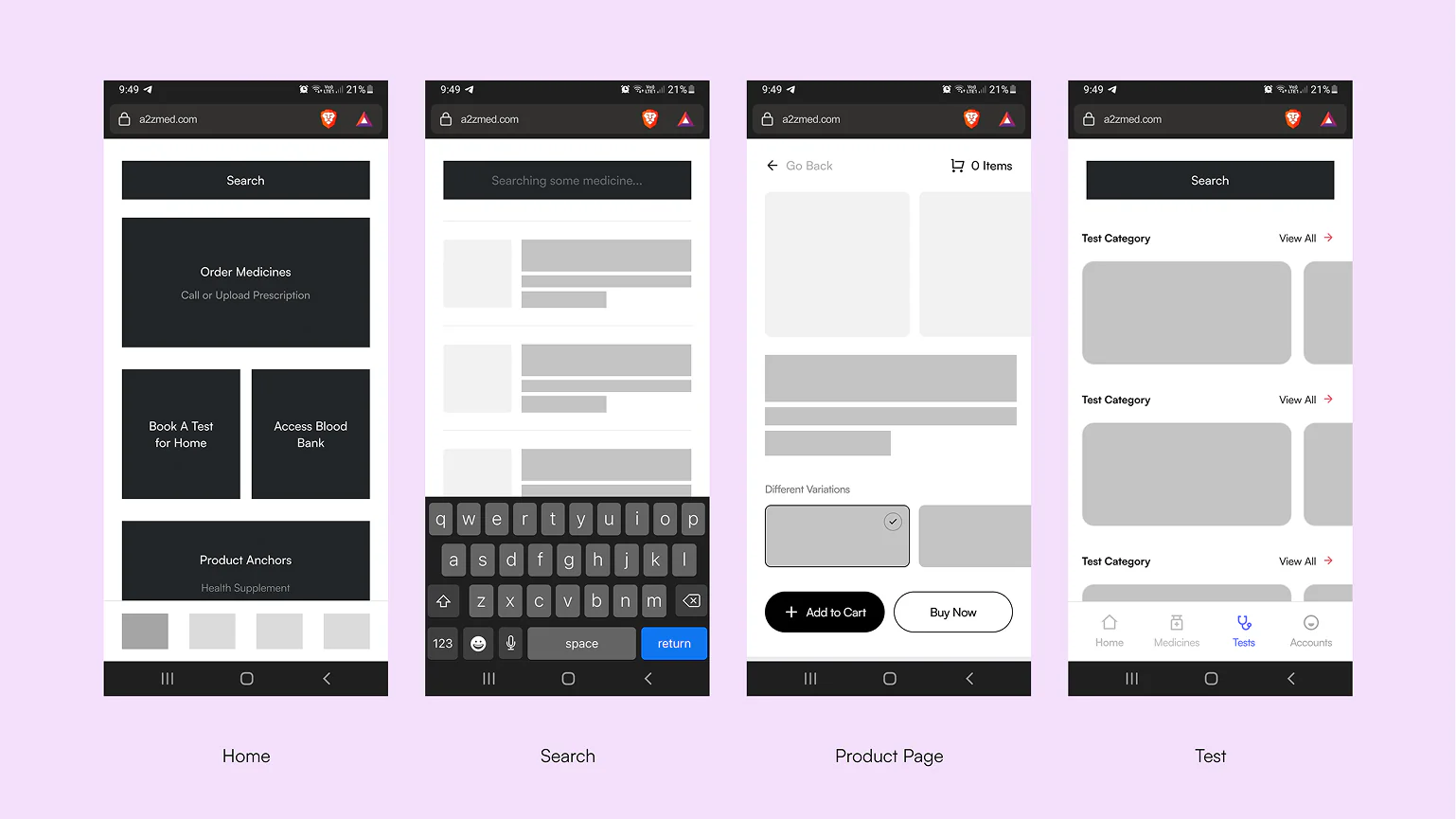 Wireframes covering the main screens of the A2Z Meds web app