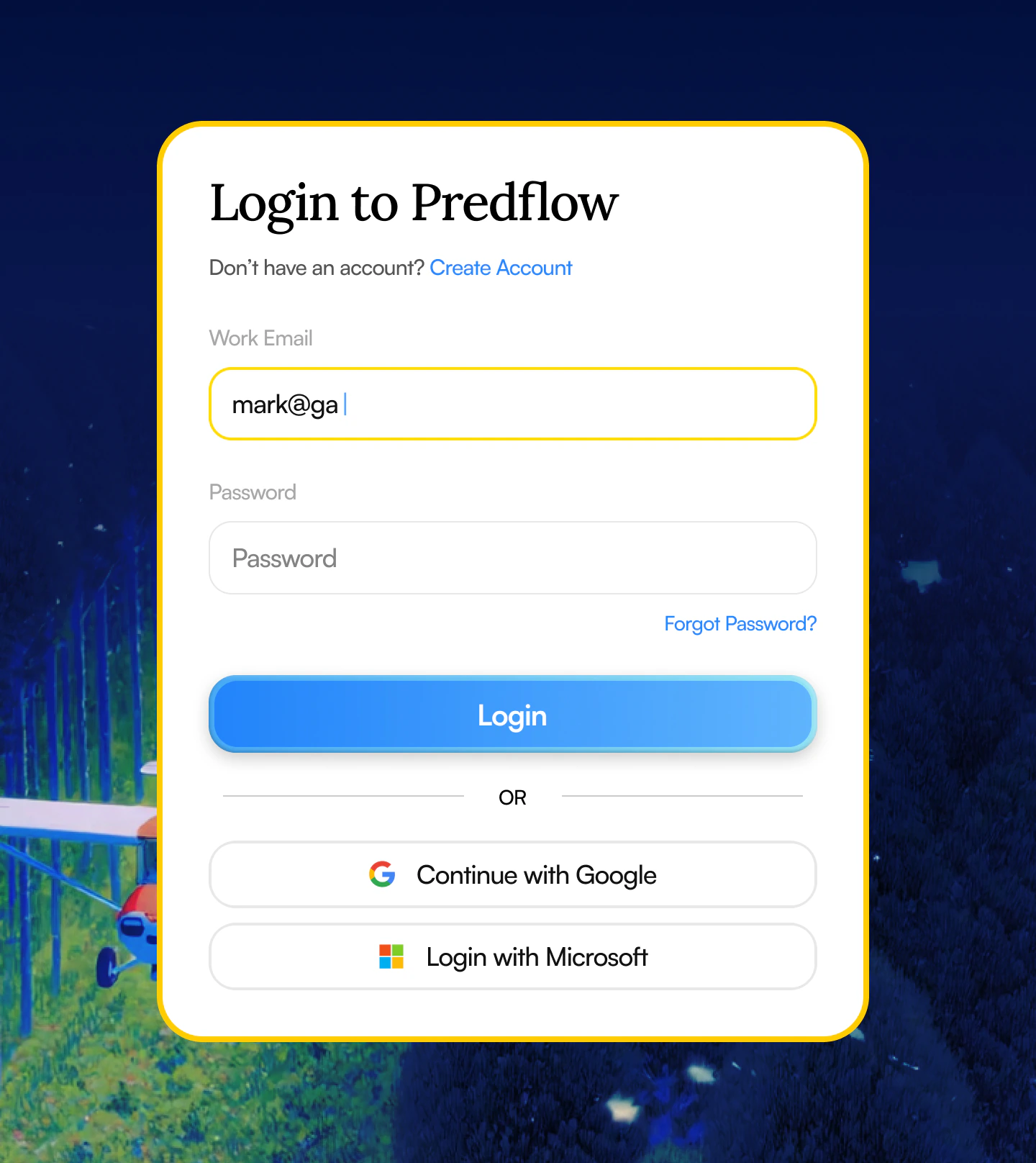 Predflow login screen with email, password, and Google / Microsoft sign-in options