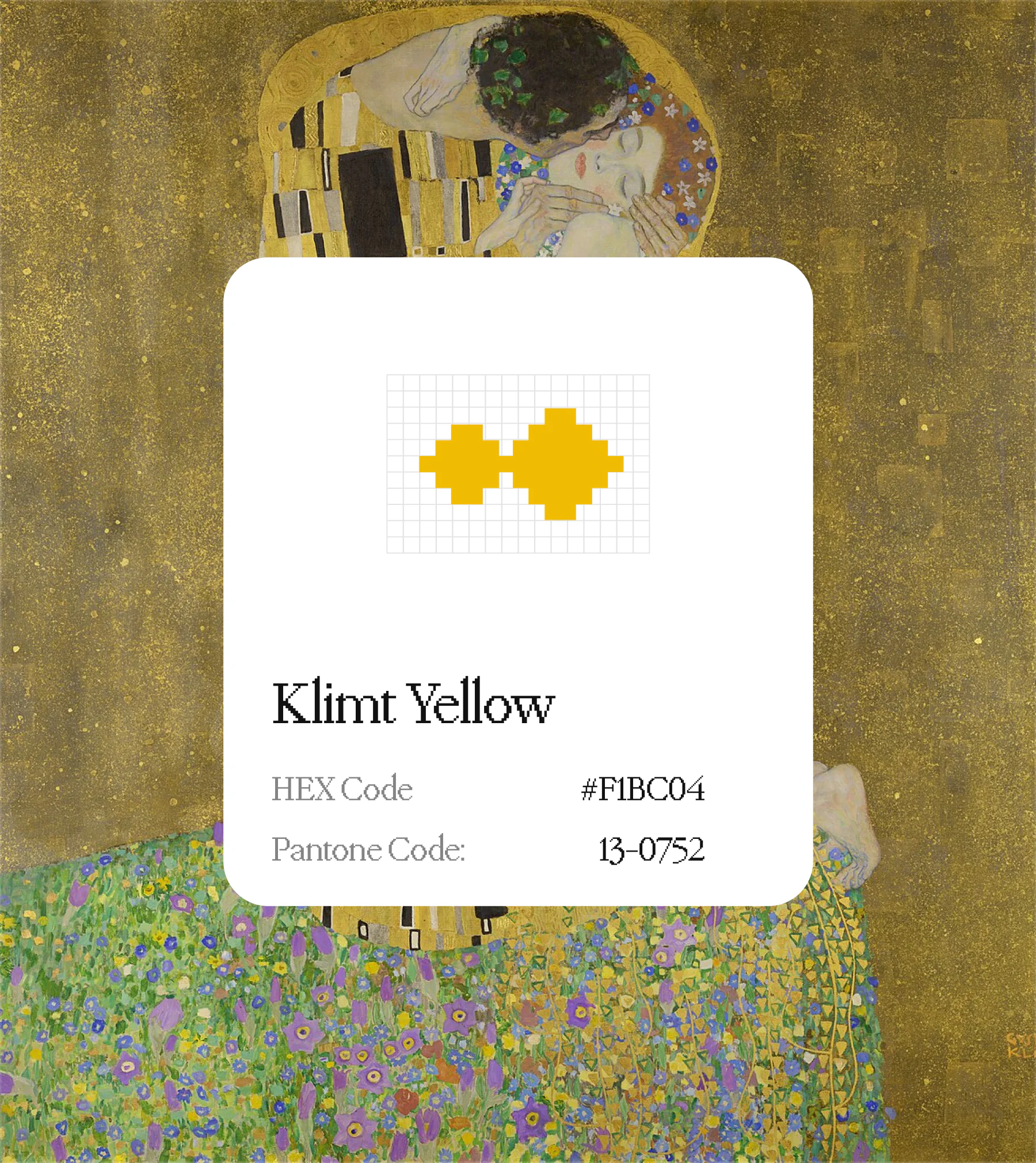 Second Nature brand color swatch — Klimt Yellow (#F1BC04, Pantone 13-0752) over Gustav Klimt's The Kiss