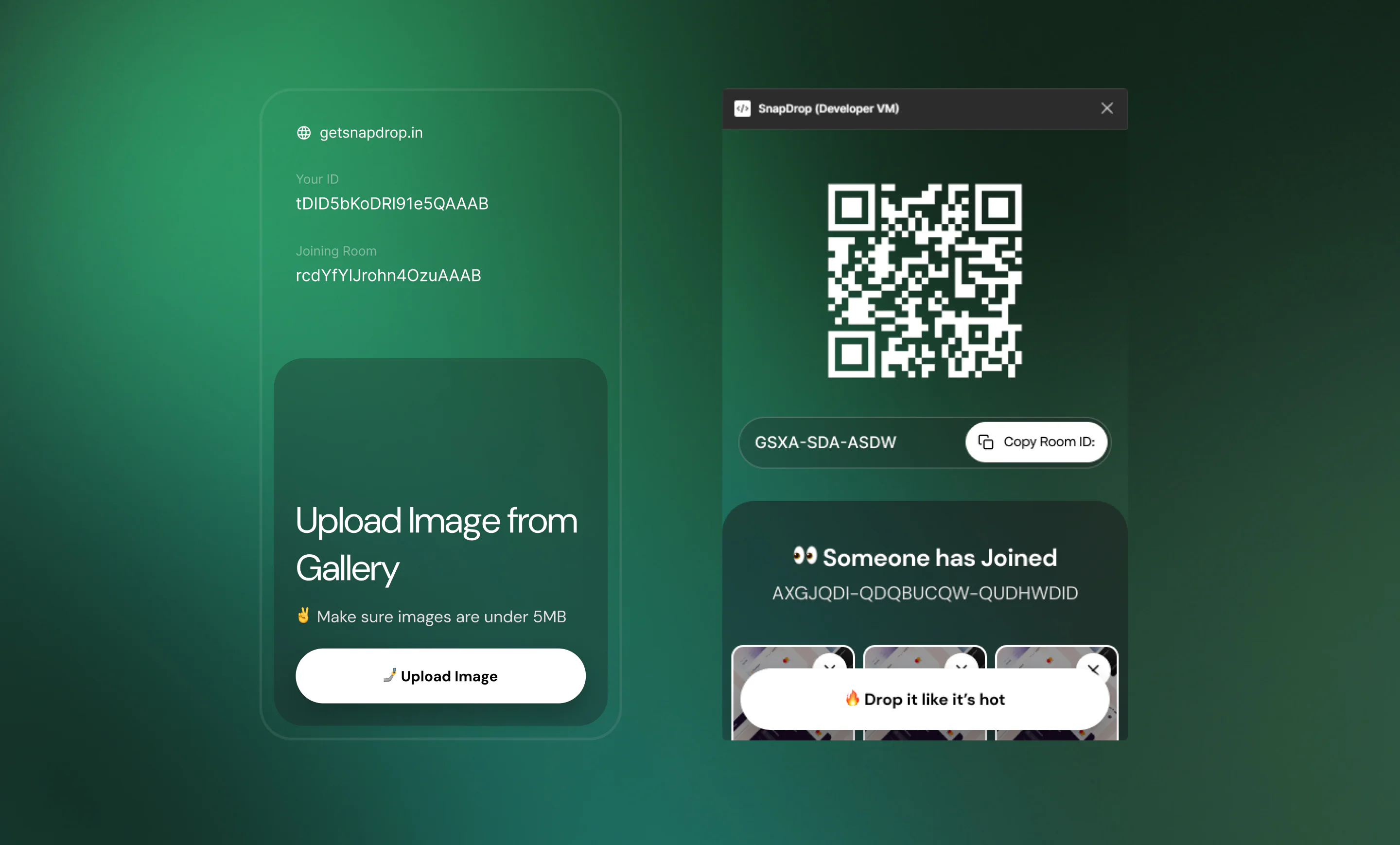 Snapdrop web app drop zone next to the Figma plugin showing the QR code and joined-room state