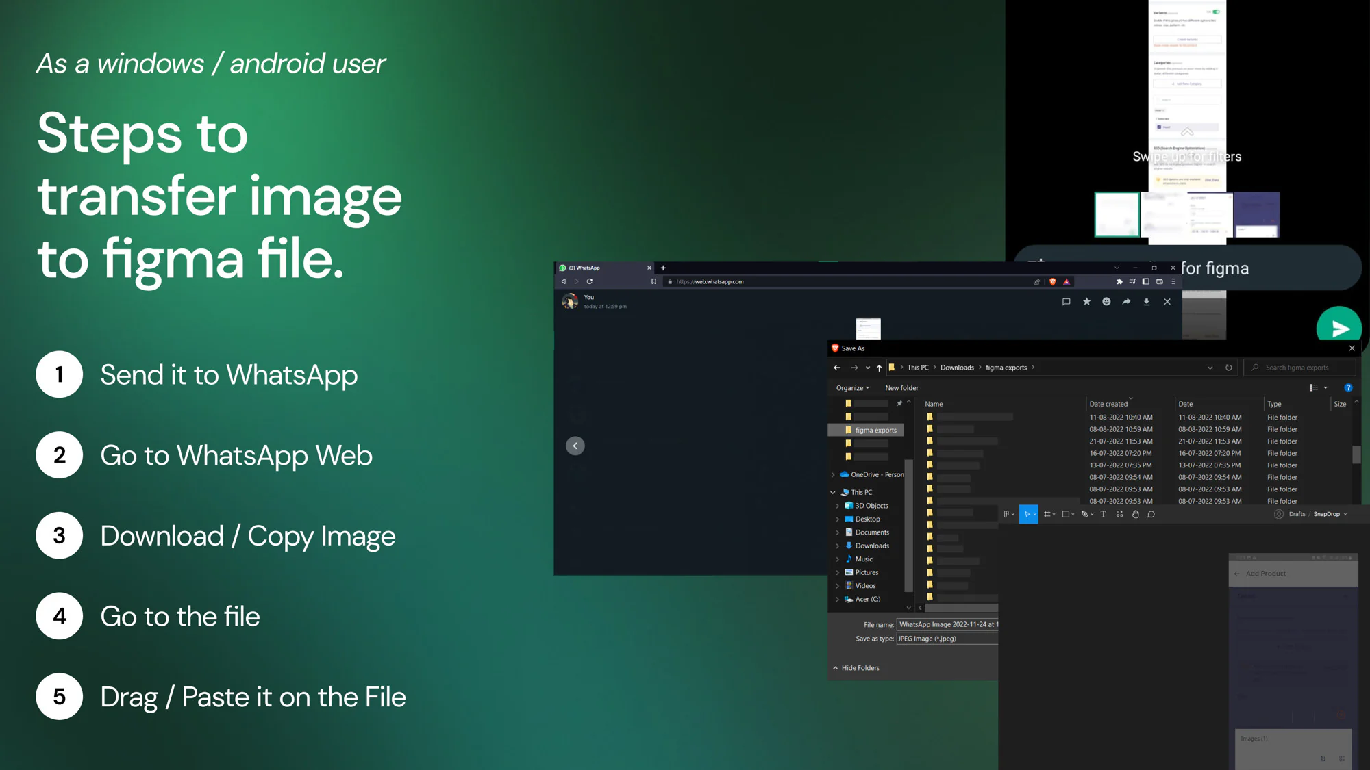 Five-step manual flow to send a phone image into Figma using WhatsApp Web