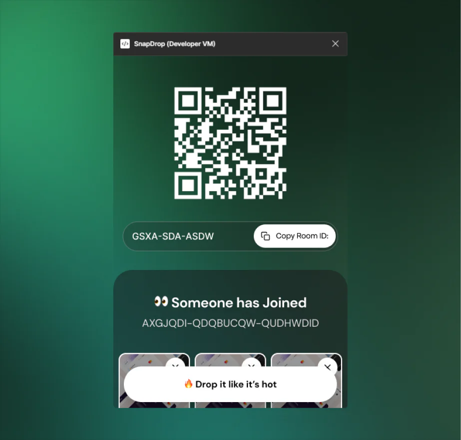 Snapdrop Figma plugin with QR code, Room ID, and Someone has Joined indicator