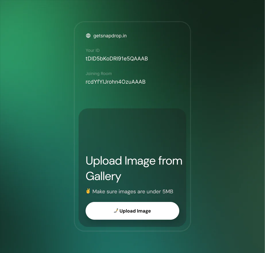Snapdrop web app showing getsnapdrop.in upload screen with Room ID and upload button