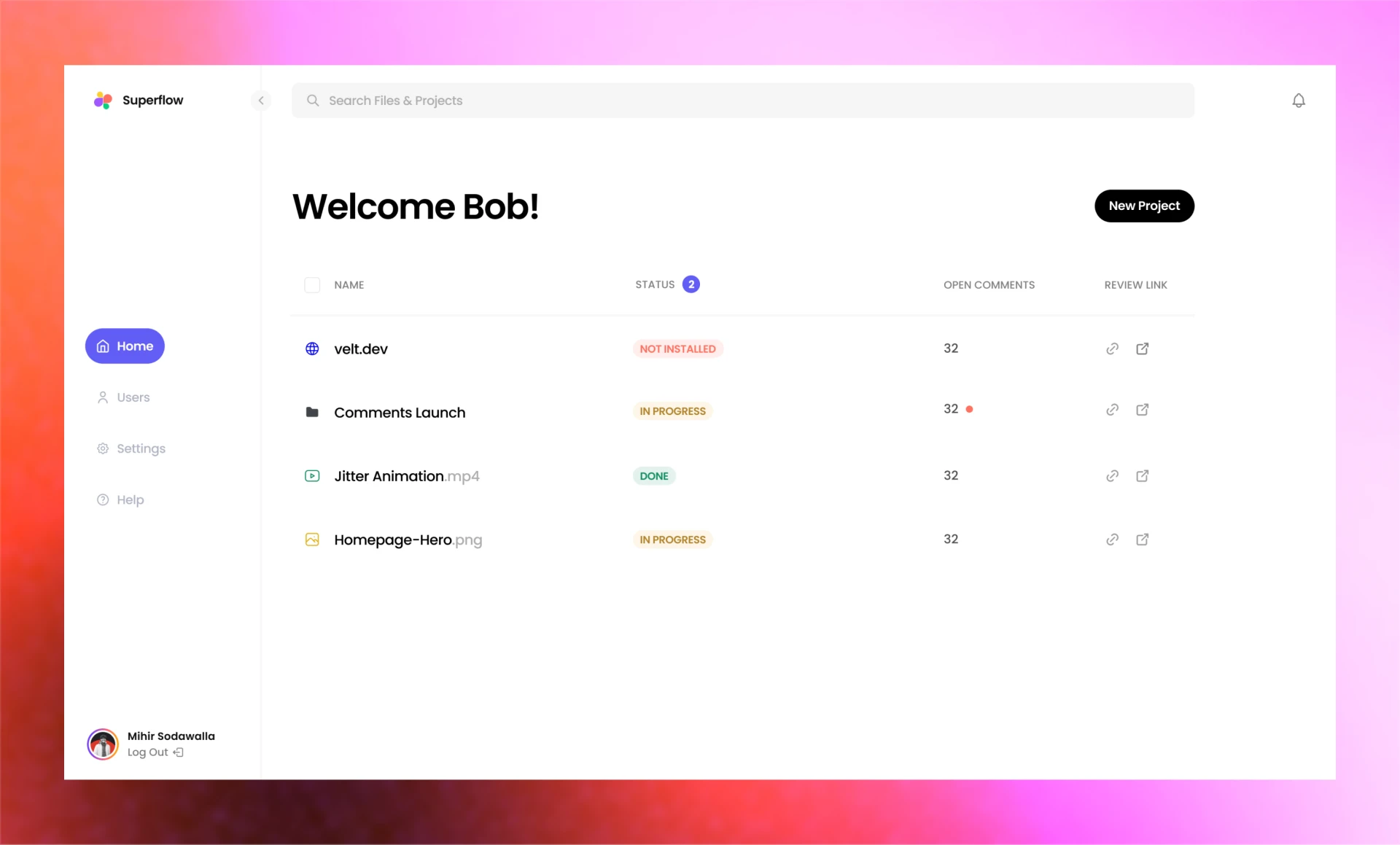 Redesigned Superflow projects list — "Welcome Bob!" — with project names, status pills, open-comment counts and review links