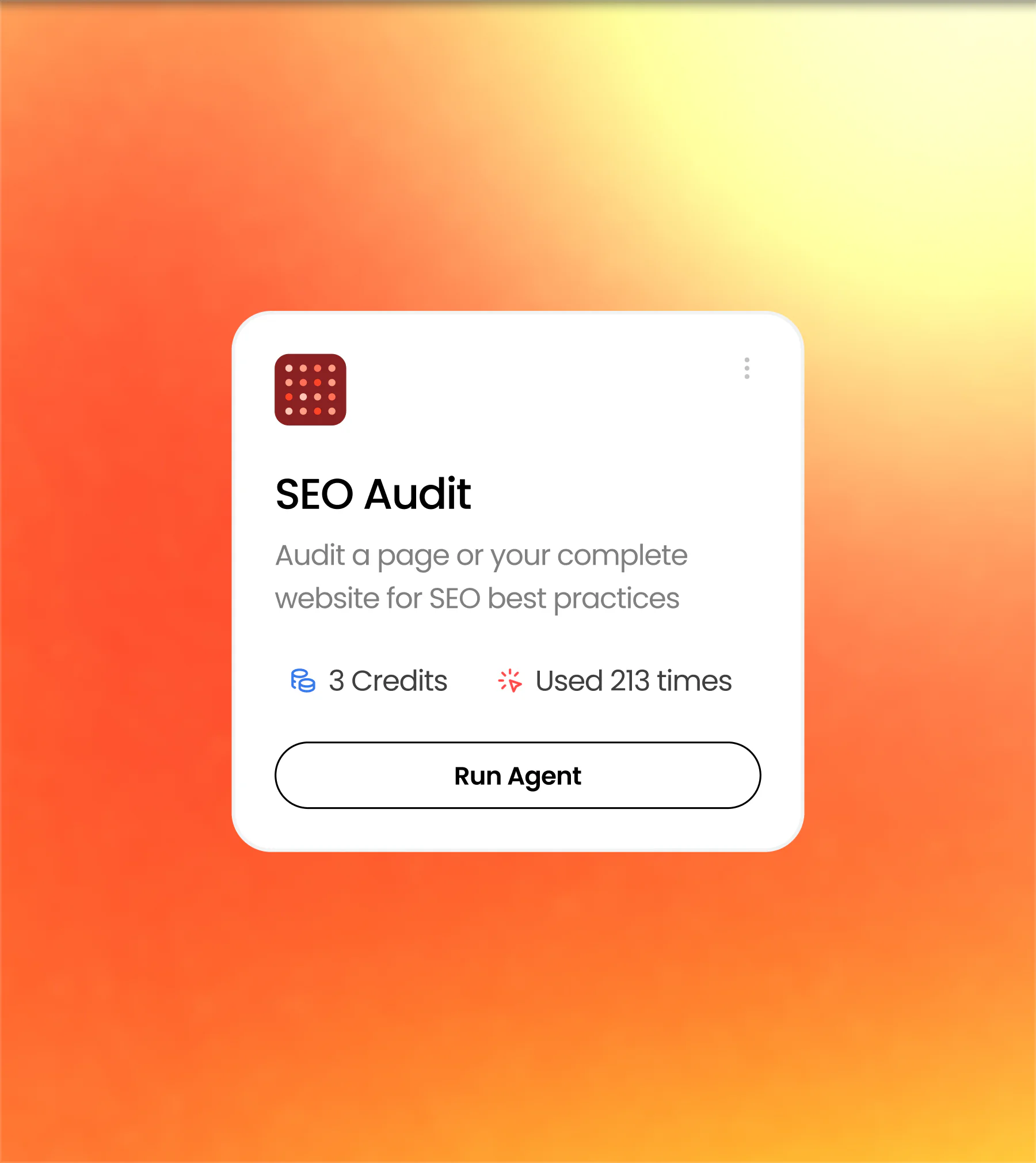 Redesigned Superflow SEO Audit agent card with credits, usage count and a Run Agent button on a warm gradient