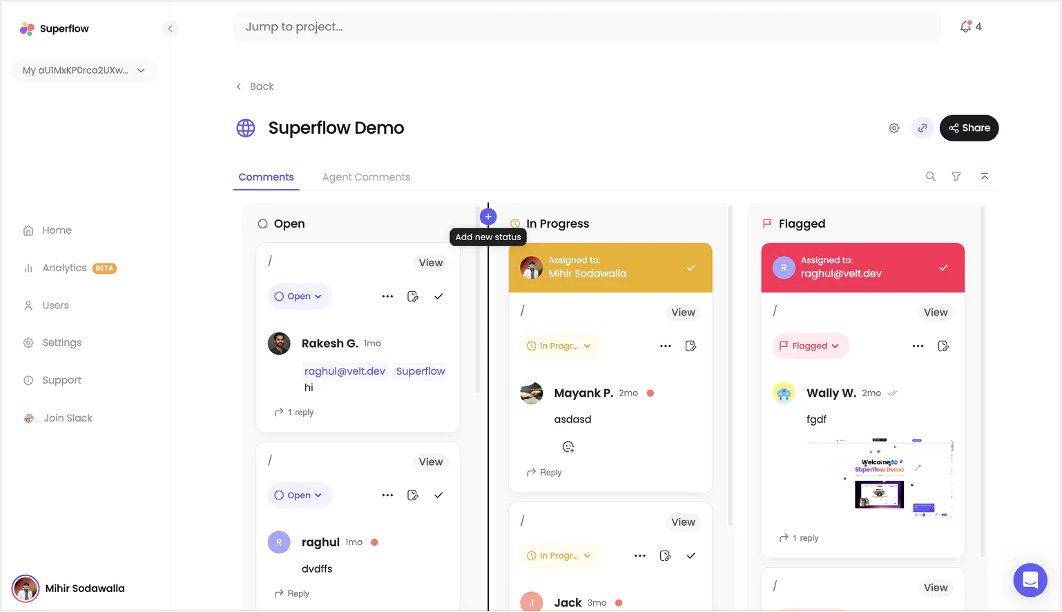 Redesigned Superflow project details page with contained kanban columns and integrated filters