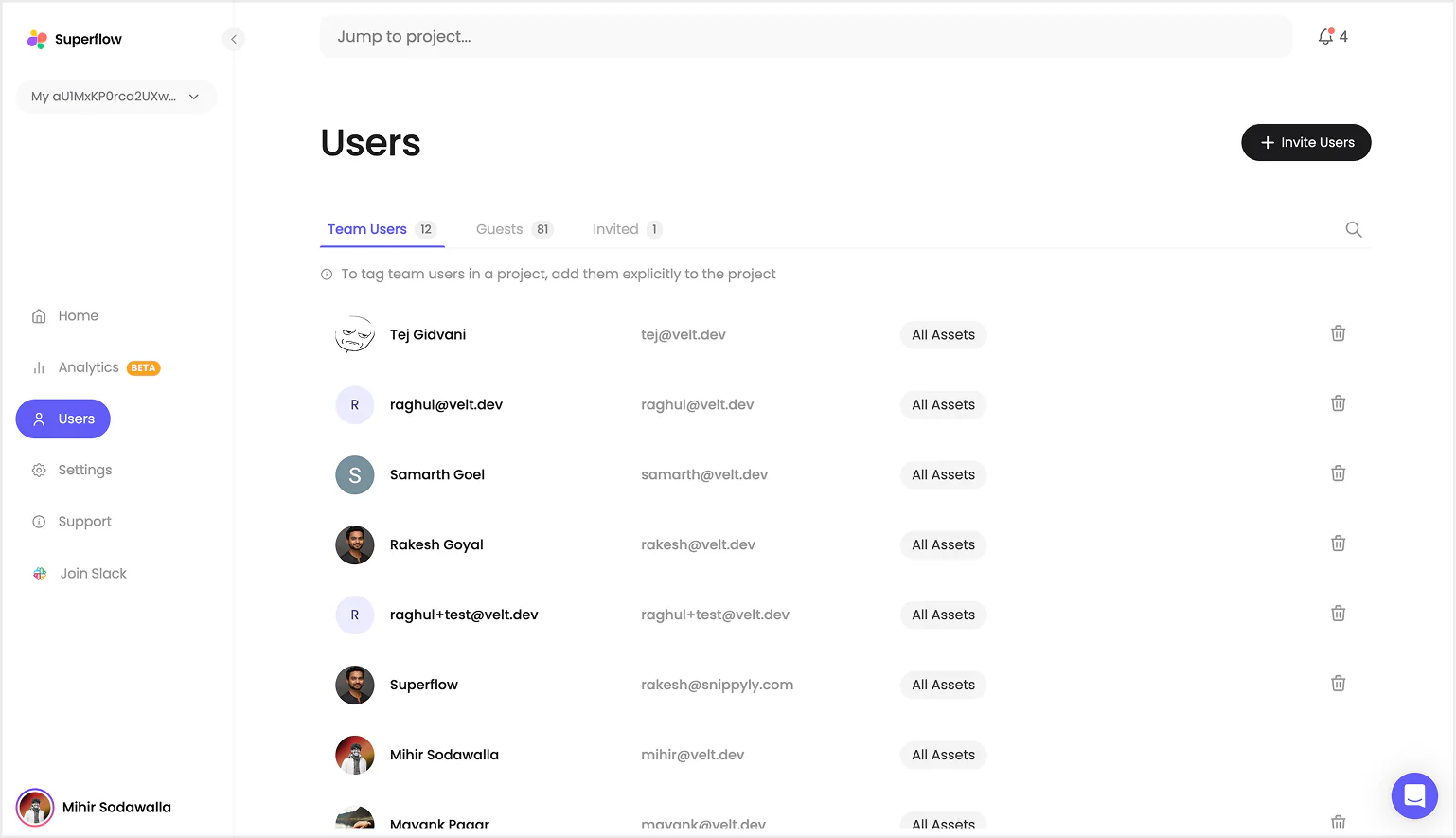 Redesigned Superflow users page with team, guests, and invited as tabs