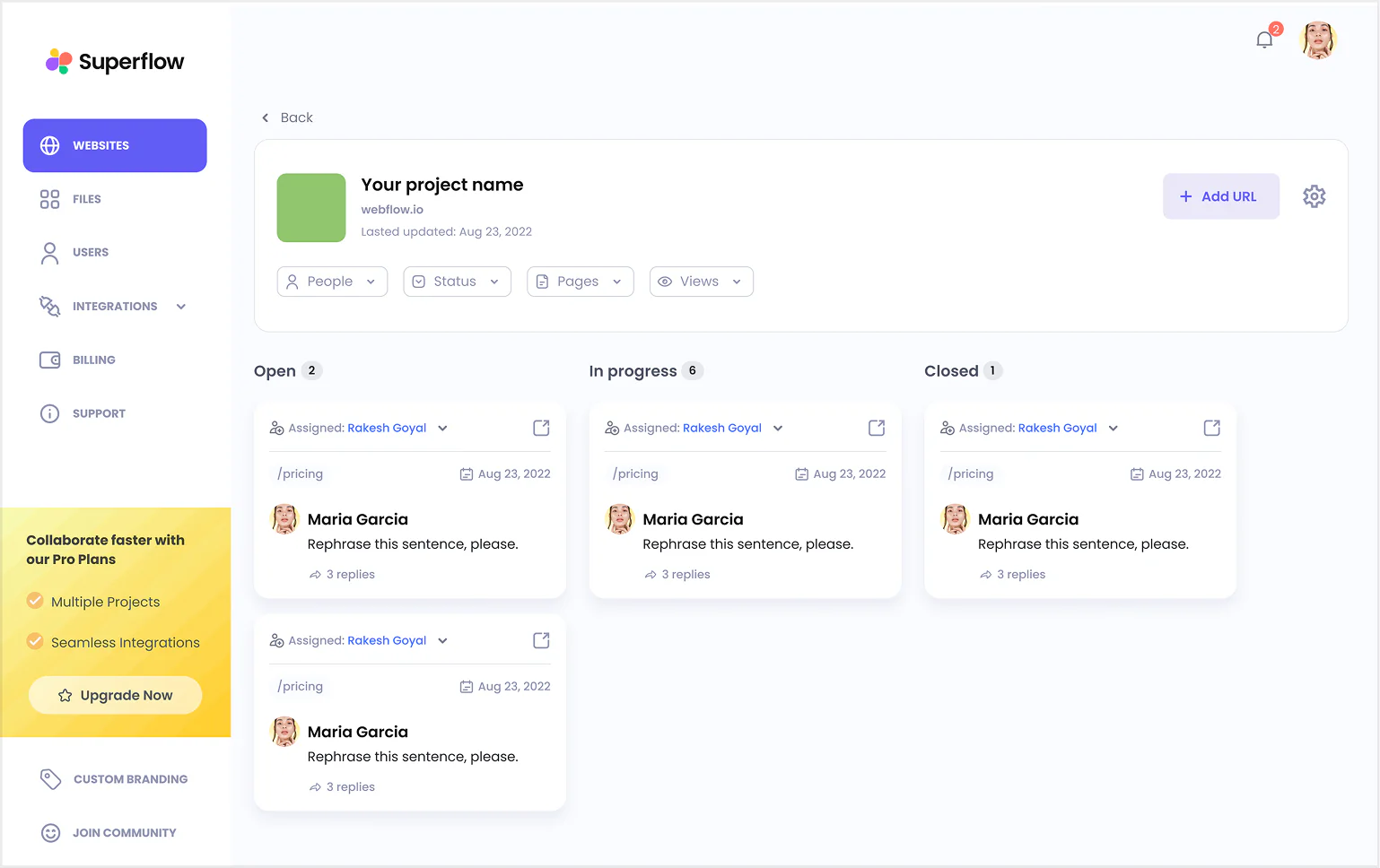 Old Superflow project details page with a large header and disconnected filters above the kanban board