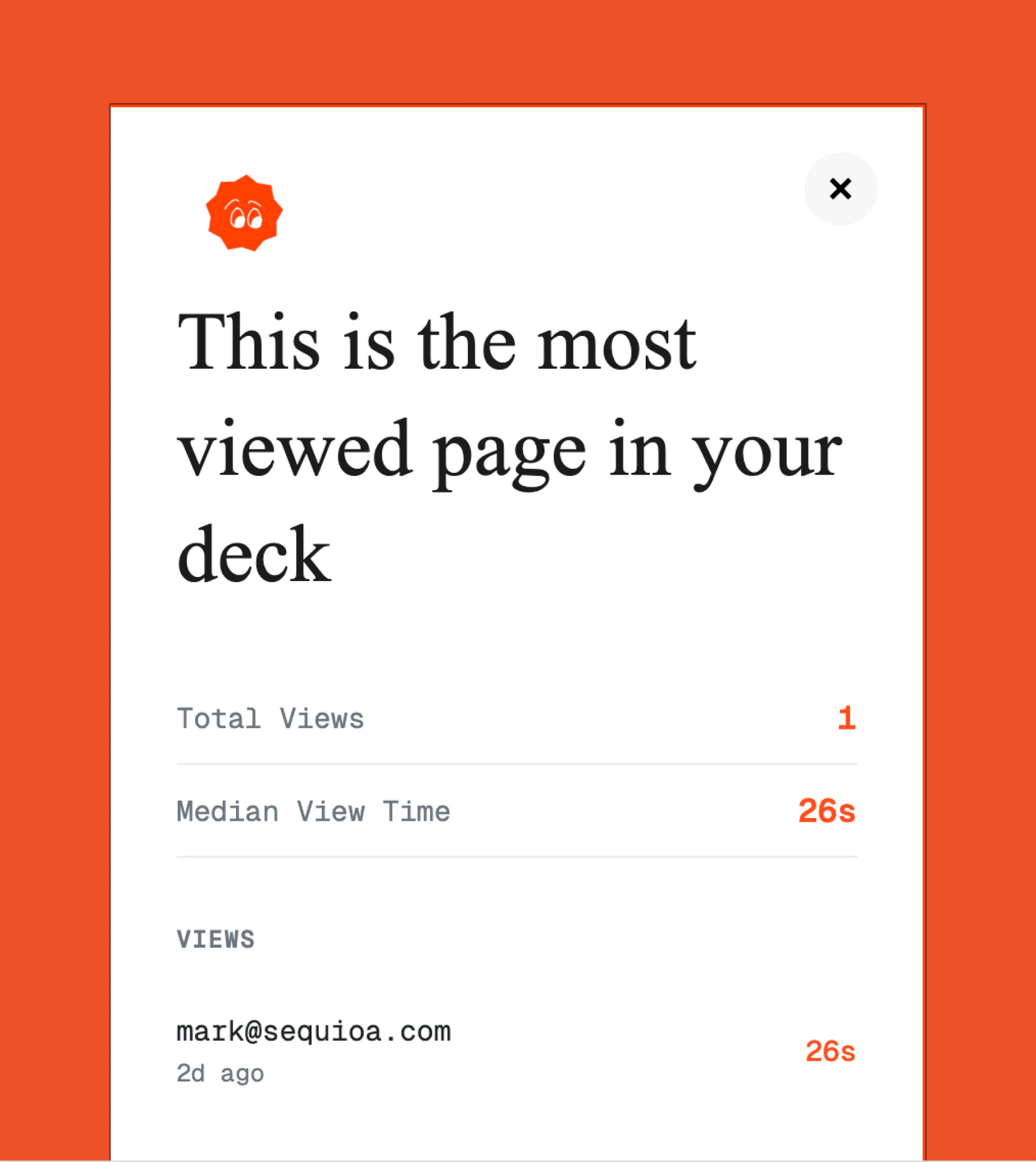 Most-viewed-page modal surfacing the deck page with highest median view time