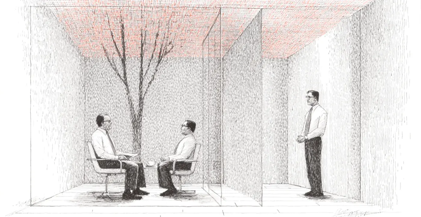 Founder watching investors review a pitch deck through a glass wall