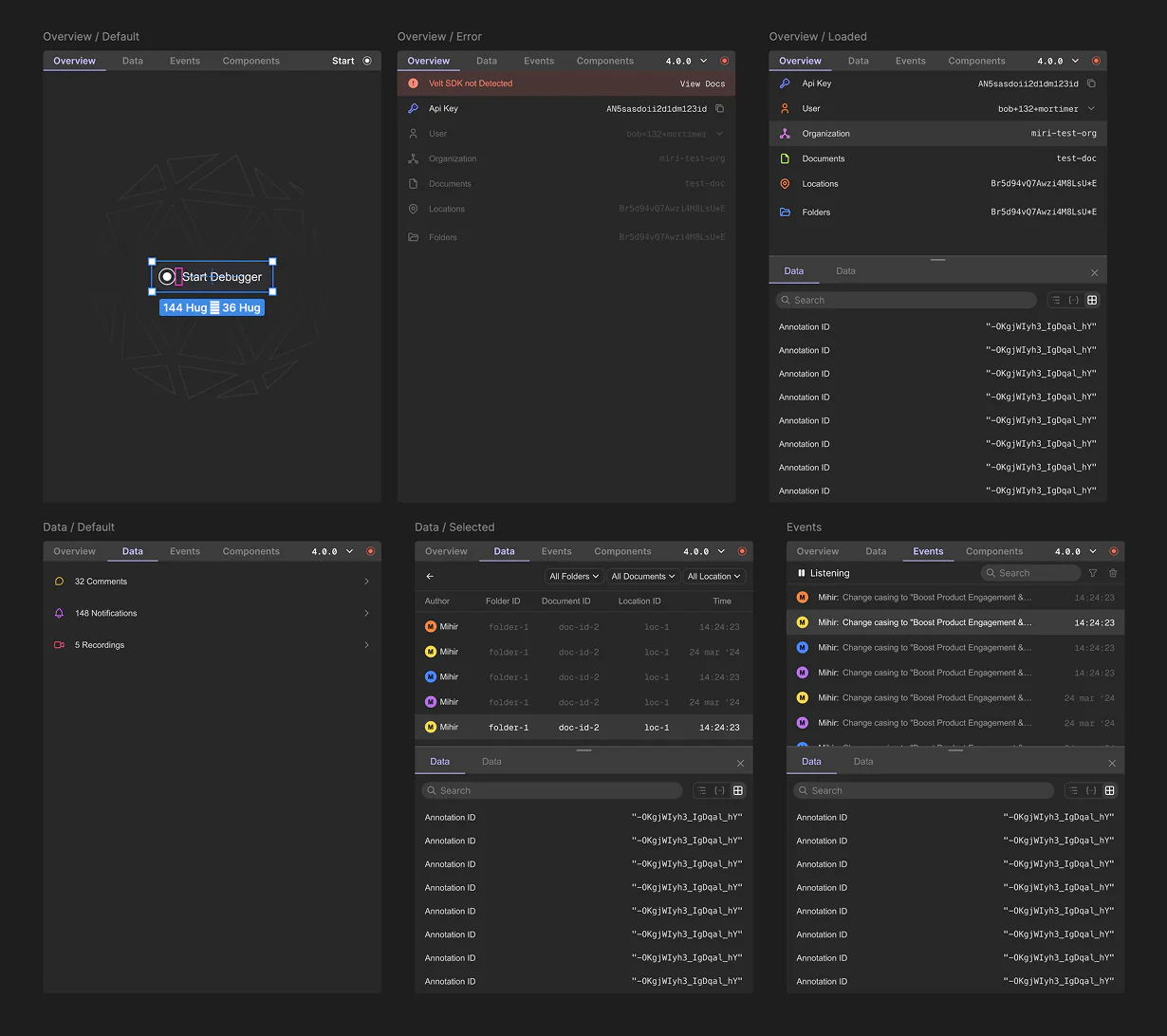 Figma design file showing the Velt Debugger UI with developer console aesthetic