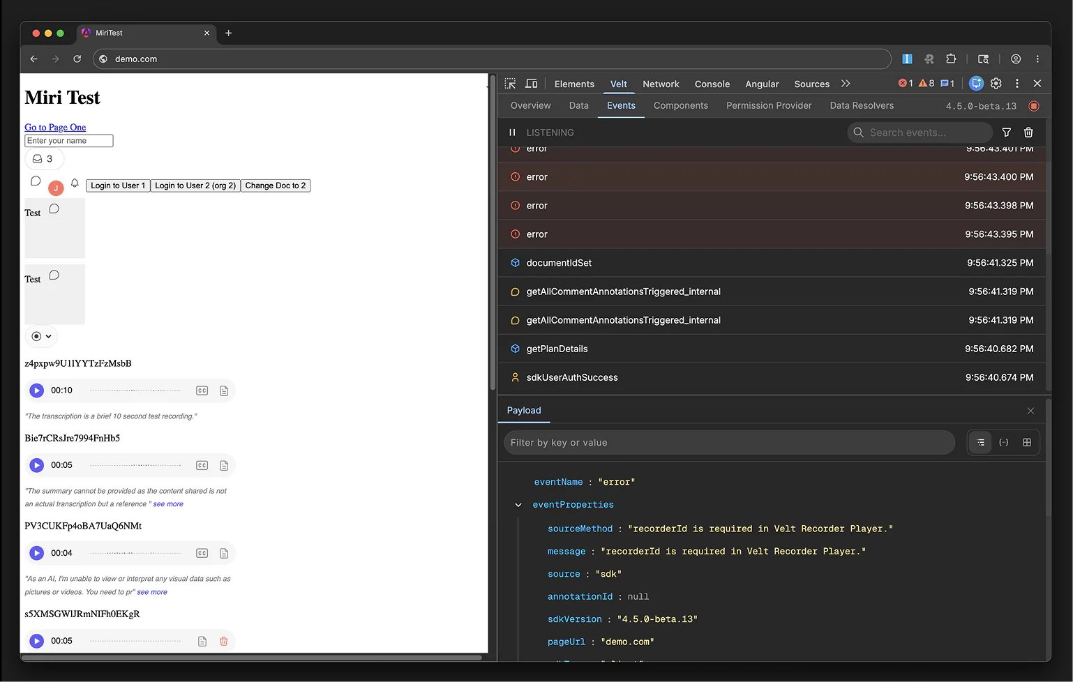 V2 error and payload debugging panel in the Velt Debugger
