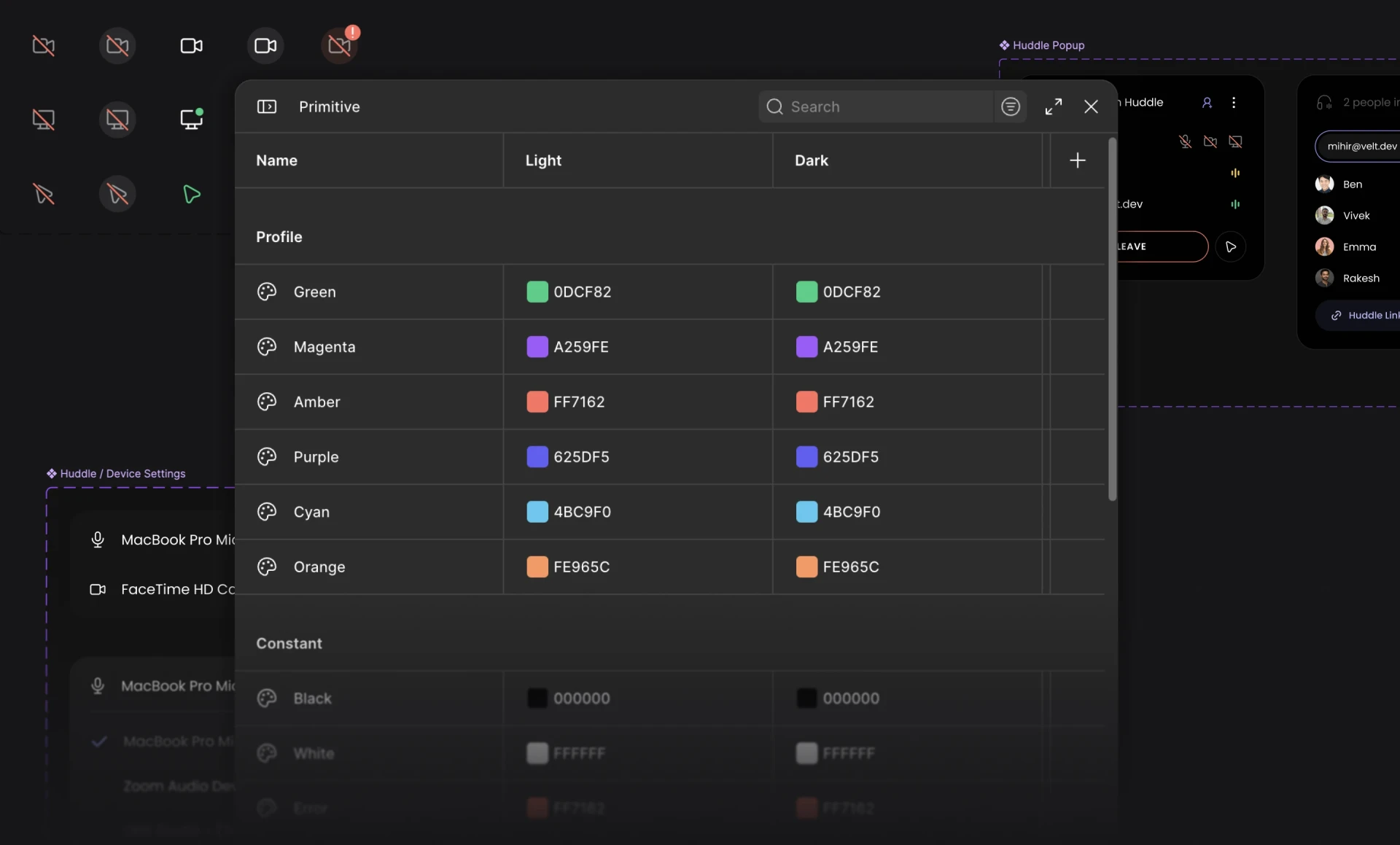 Velt Themes Playground Primitive panel listing profile colors with side-by-side light and dark mode hex values