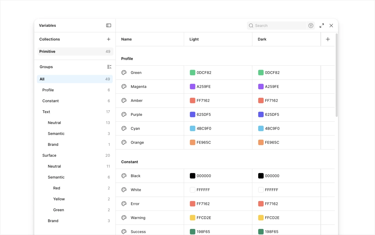 Extended color system with 10-level surfaces and full palette