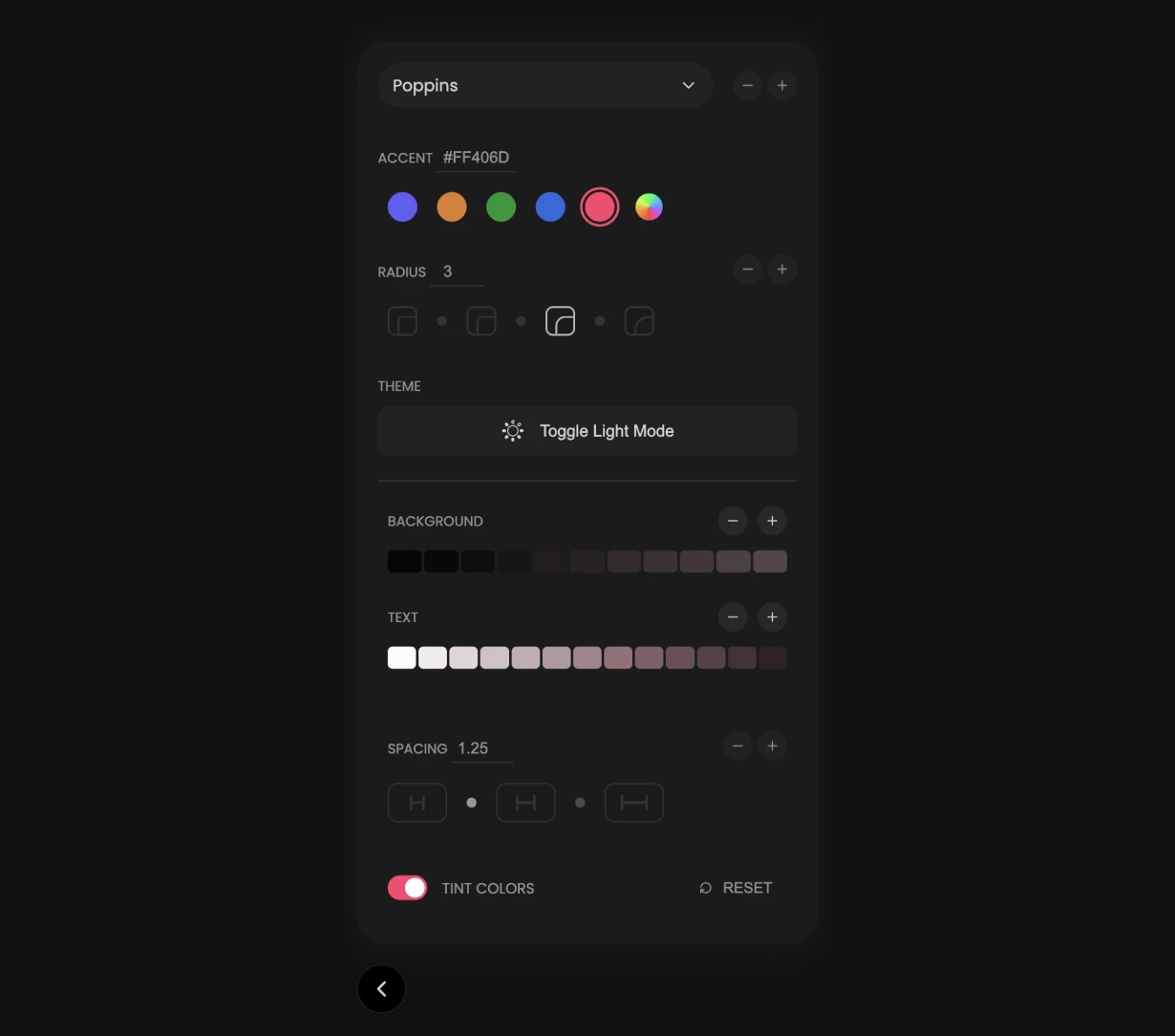 Editor panel design with theme controls